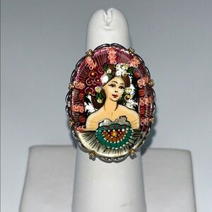 Michael Vallatutti Hand Painted Beauty - Mother of Pearl Cabochon Statement Ring